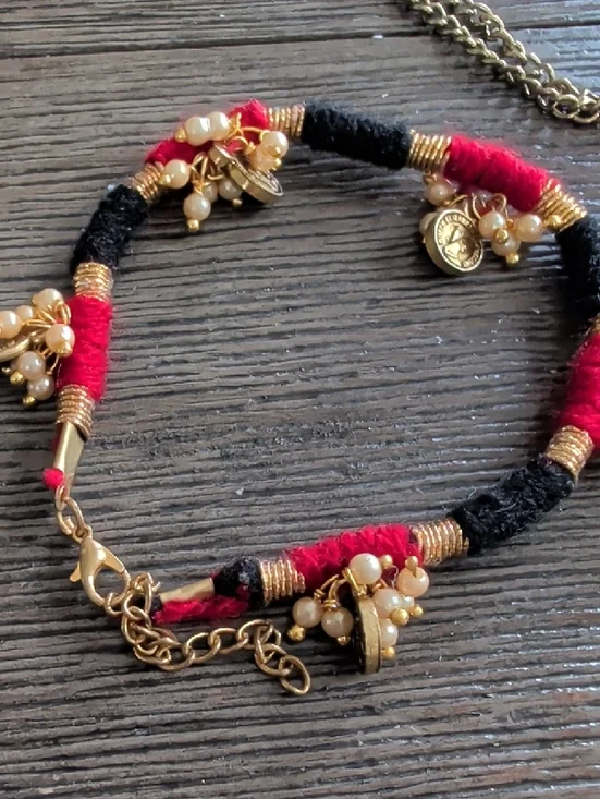 Boho Red Tassel Necklace with Turquoise Beaded Chain - Picture 2 of 5